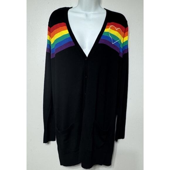 Torrid Cardigan Rainbow Stripe Heart Women’s Size Large Black Knit Pride Buttons - Picture 1 of 9